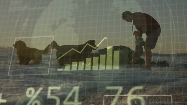 Man leaning, steadying son near surf, dogs running left causing animated data charts over them