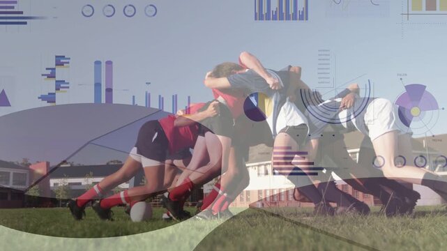 Players forming rugby scrum on grass, pushing and sliding while contesting ball under data overlay