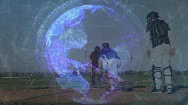 Offscreen pitch batter swinging runner sliding home to score catcher tagging globe overlay sports