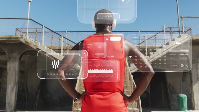 Runner activating watch, at stairs, generating AR around him with graphs, map and chat for workout
