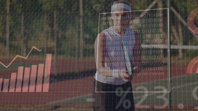 Female tennis player responding to HUD charts appearing and shifting forehand for performance data