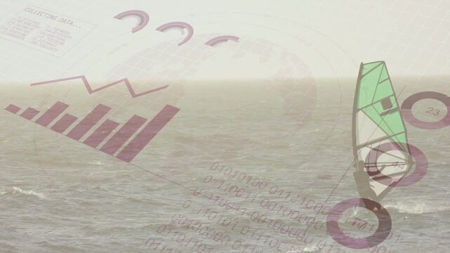 Male windsurfer riding from right, generating finance analytics for ROI with rising charts, gauges