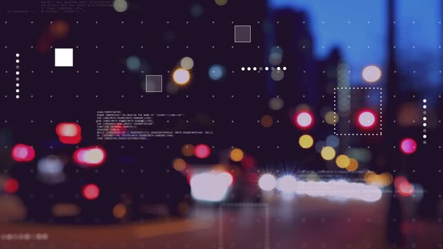 UI markers appearing on blurred road, bokeh shifting while HUD overlays moving showing traffic flow