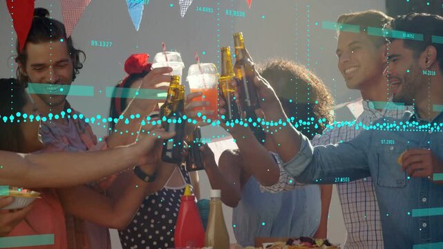 Friends raising drinks, starting event toast, lowering drinks and talking while teal overlaying