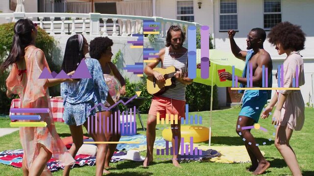 Guitarist strumming, group swaying then dancing passing ball, bars pulsing over scene for music ad