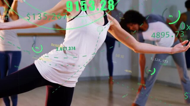 Woman balancing one-leg holding foot, camera pulling back sparking green charts over her for health