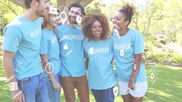 Volunteers hugging then curly woman stepping forth showing cleanup hexagon UI overlaying green bags