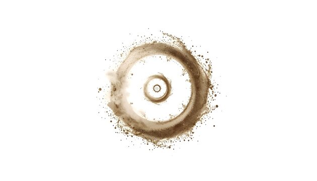 Circular brown coffee ring stain with splatter marks on clean white background