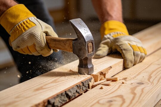 Person hammering wood with gloves