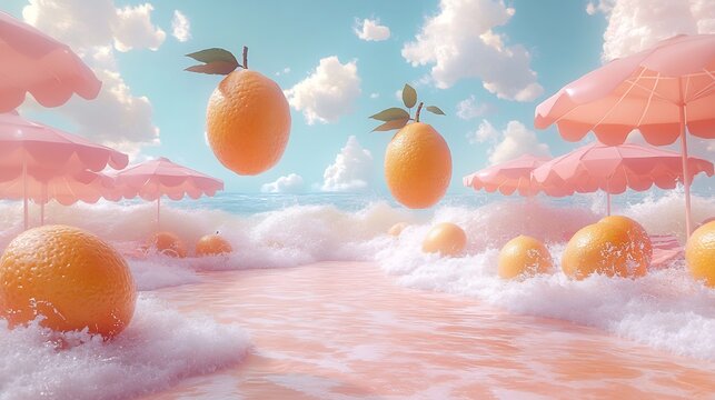 Whimsical scene of cartoon mangoes flying with tiny wings over a bright beach with playful waves and umbrellas below evoking a sense of carefree summer fun