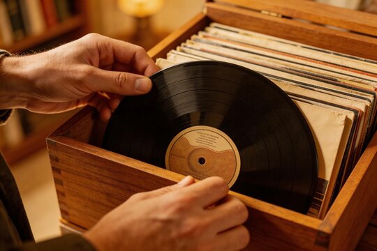 Person handling vinyl record in wooden box