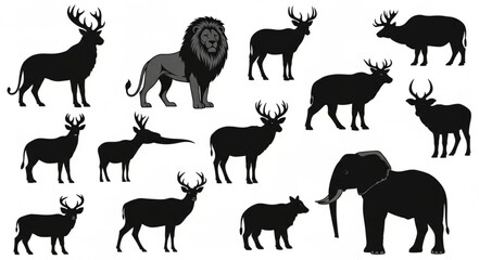 Black silhouettes of various wild animals. © Maput