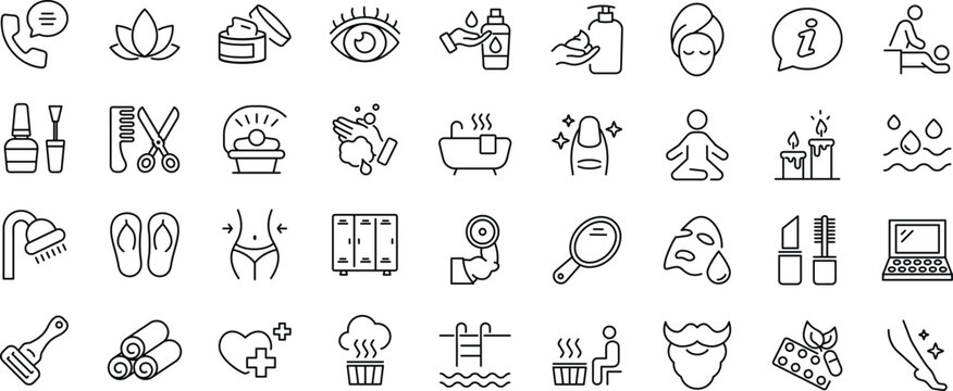 Beauty and Spa set of web icons. Editable stoke. Cosmetics services & Spa icons for web and mobile app. 