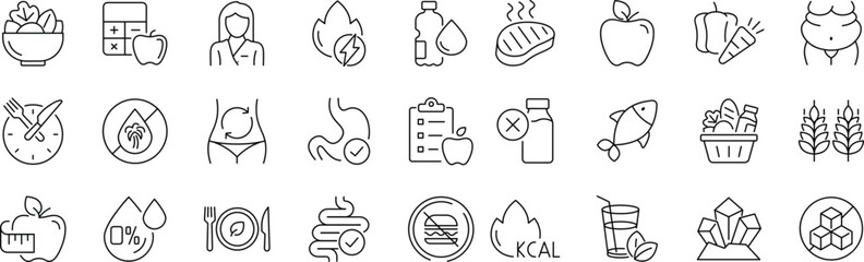 Nutrition set of web icons in line style. Editable stroke. Healthy food linear icon collection. Containing food, vegetables, water, palm oil free, сaunt calories, zero trans fat, probiotics and more. © Deloara