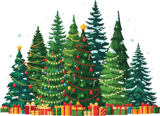 Fototapeta premium A festive collection of decorated green christmas trees with snow and presents below holiday winter