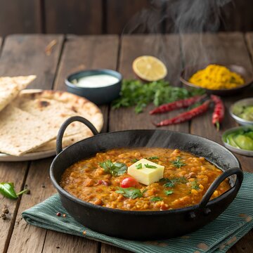 Spicy Street Style Indian Daal Fry, Indian street-style daal fry in iron kadai, spicy thick lentils, butter melting on top