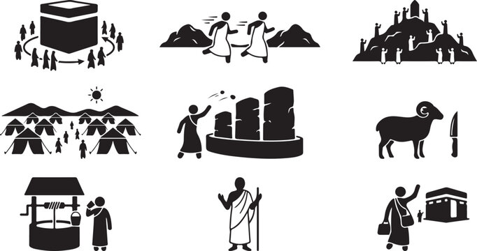 Hajj Umrah Silhouette Vector Icon Set with Kaaba Tawaf Saee Qurbani Islamic Pilgrimage Symbols