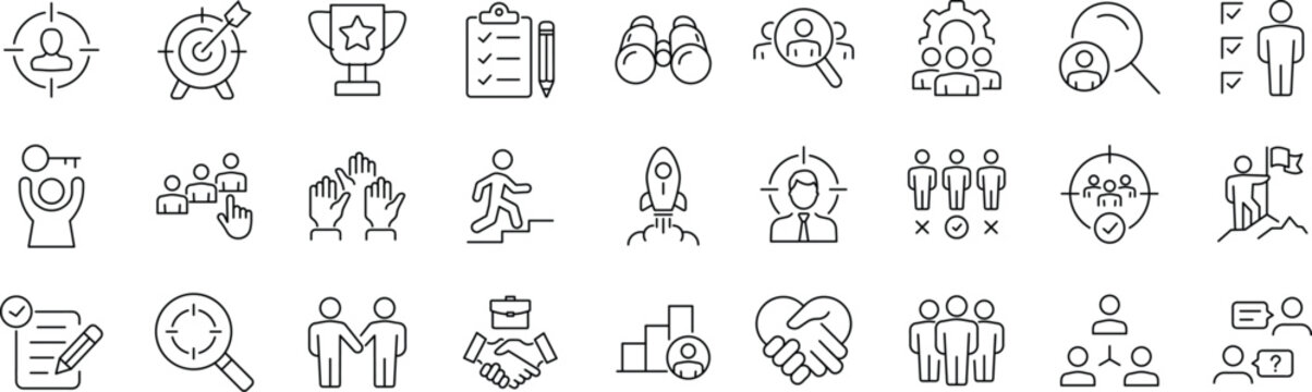 Headhunting set of web icons in line style. Editable Stroke. Recruitment icons for web and mobile app. Career, resume, job hiring, candidate, HR, business, headhunting, recruitment. 