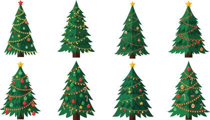 Fototapeta premium Eight decorated green christmas trees with ornaments and lights
