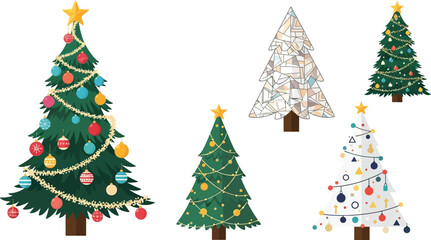 Obraz premium Five diverse christmas trees decorated with ornaments and lights evergreen decoration bauble