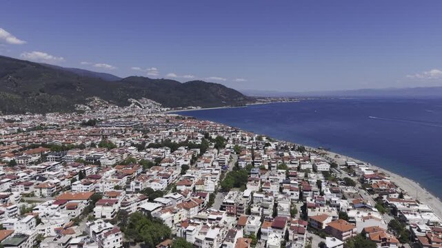 Aerial Drone View of Altinoluk Coast in Balikesir, Aegean Sea and Kaz Mountains Landscape Turkey