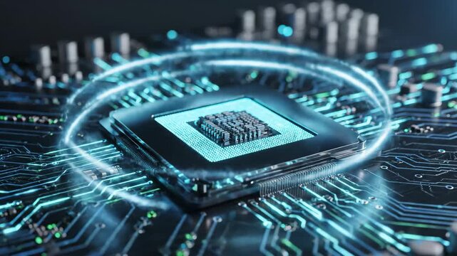 Microprocessor chip positioned on a circuit board with glowing blue lines and electronic components, showcasing intricate technology in a modern digital environment