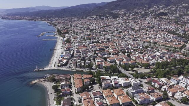 Aerial Drone View of Altinoluk Coast in Balikesir, Aegean Sea and Kaz Mountains Landscape Turkey