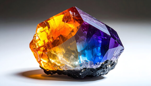 Vibrant Rainbow Gemstone Crystal with Faceted Surfaces.