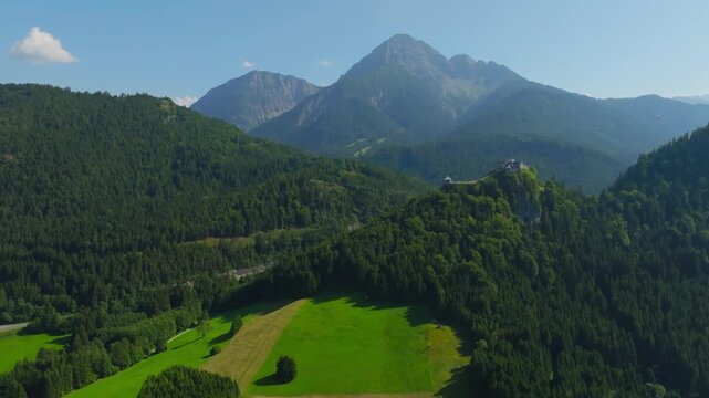 Aerial view of Ehrenberg Castle and Highline 179 bridge in Austria with alpine mountains and scenic landscape travel destination in Europe