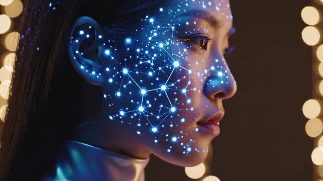 Woman with glowing digital face pattern representing smart infrastructure and connectivity