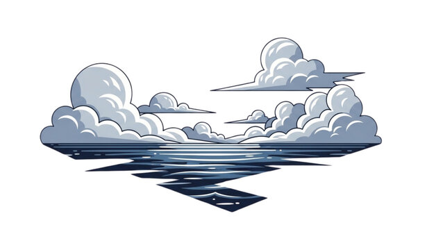 Ocean cloudy sky vector scene with waves horizon and atmospheric cloud formation isolated on white