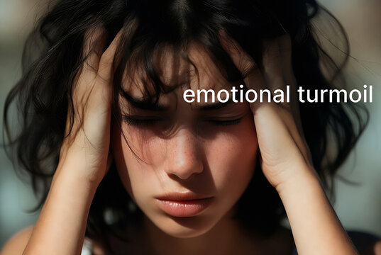 A young woman is experiencing emotional turmoil, covering her face with her hands in a gesture of distress. She appears to be indoors, possibly in a bathroom or similar space.