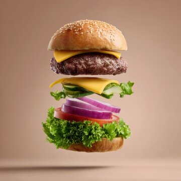 Surreal floating burger with ingredients separated in air, food art