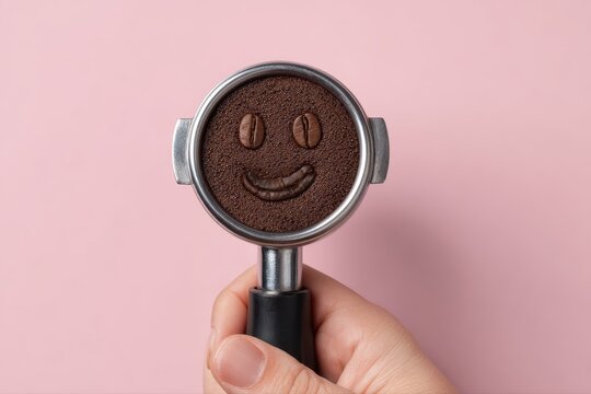 Hand holding portafilter aligned as smiley face eye with coffee beans, creative cafe concept, minimal composition with copy space