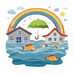 Obraz premium Flooded Houses Under Rainbow with Umbrella and Fish