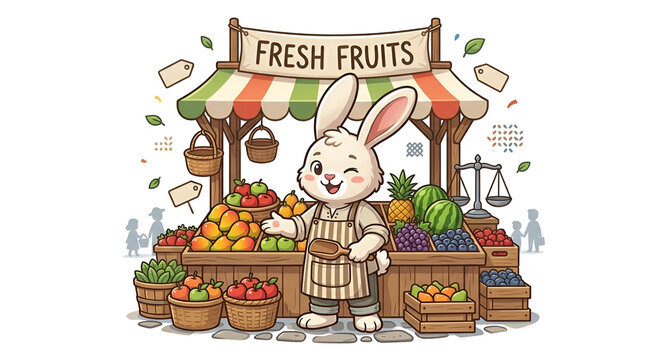 Cute bunny mascot selling fresh organic fruits at marketplace stall, happy rabbit character as merchant with tropical fruit baskets