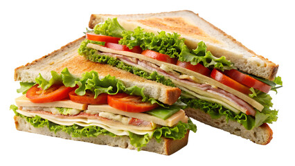A delicious fresh ham and cheese sandwich with lettuce, tomato, and healthy vegetables served on white bread toast for a tasty lunch snack or breakfast meal isolated on a plate