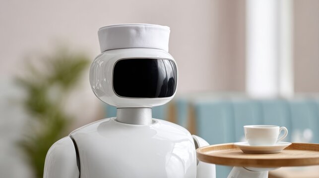 Robot waiter in modern cafe representing automation and service innovation