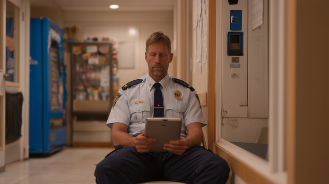 Police department interview coordinator reviewing body camera footage on tablet outside interrogation room, case number sticker visible on door frame, vending machine humming at end of institutional