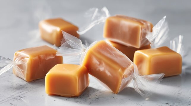 Assorted Soft Caramel Candies Wrapped in Clear Plastic on Light Gray Marble Surface