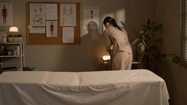 Medium shot of young Caucasian female massage therapist placing two towels on massage table in cozy treatment room, preparing for relaxing massage session and wellness service