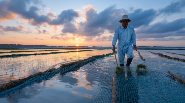 Gene edited salt tolerant rice variety being trialed in coastal paddy fields, an elderly male farmer wading in shallow brackish water inspecting tillering plants, nets protecting experimental plots,