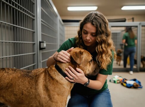 Young woman with curly hair gently pets big brown dog in animal shelter. Other volunteers work with dogs in kennels. Compassion shown by animal caregiver.