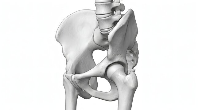 Anatomical Human Female Pelvis and Hip Joint Bone Structure Side View on White Background