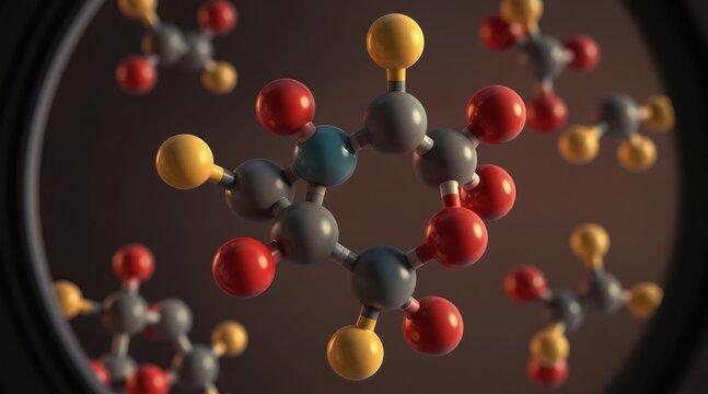3D molecular model of saxagliptin molecule. Atoms and chemical bonds connect in a complex structure. This anti-diabetic drug treats high blood sugar.