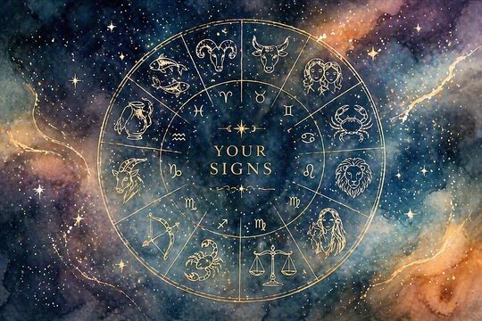 A celestial design featuring zodiac signs overlaid on a starry night background.