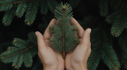 Naklejka premium Close view of hands holding small fir tree branch. Hands cradle evergreen foliage against dark forest background. Concept of nature, care, growth, and protection.