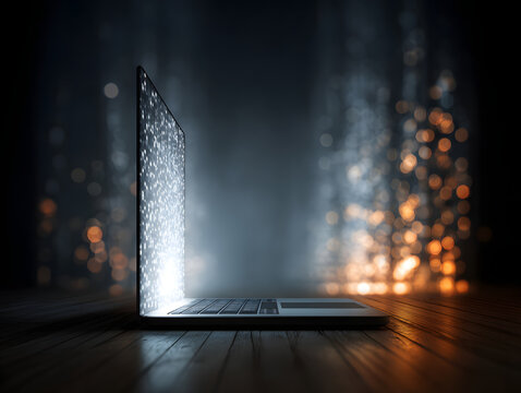 Laptop screen portal digital marketplace glowing laptop screen opens to glowing digital portal suggesting online marketplace and data flow with warm bokeh lights and cool sparkles