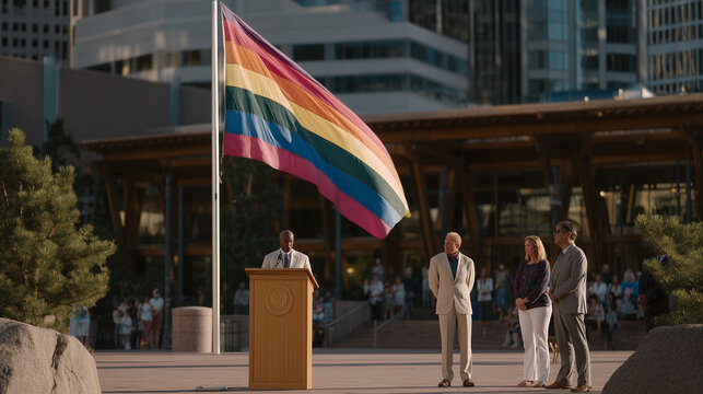 Pride Month flag-raising ceremony at city hall plaza, mayor and council members standing at podium, community advocates gathered in front, official recognition of LGBTQ heritage month, civic inclusi