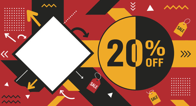 A vibrant discount advertisement with a black and yellow circle featuring a twenty percent off offer surrounded by white geometric shapes and arrows on a red background with various icons.